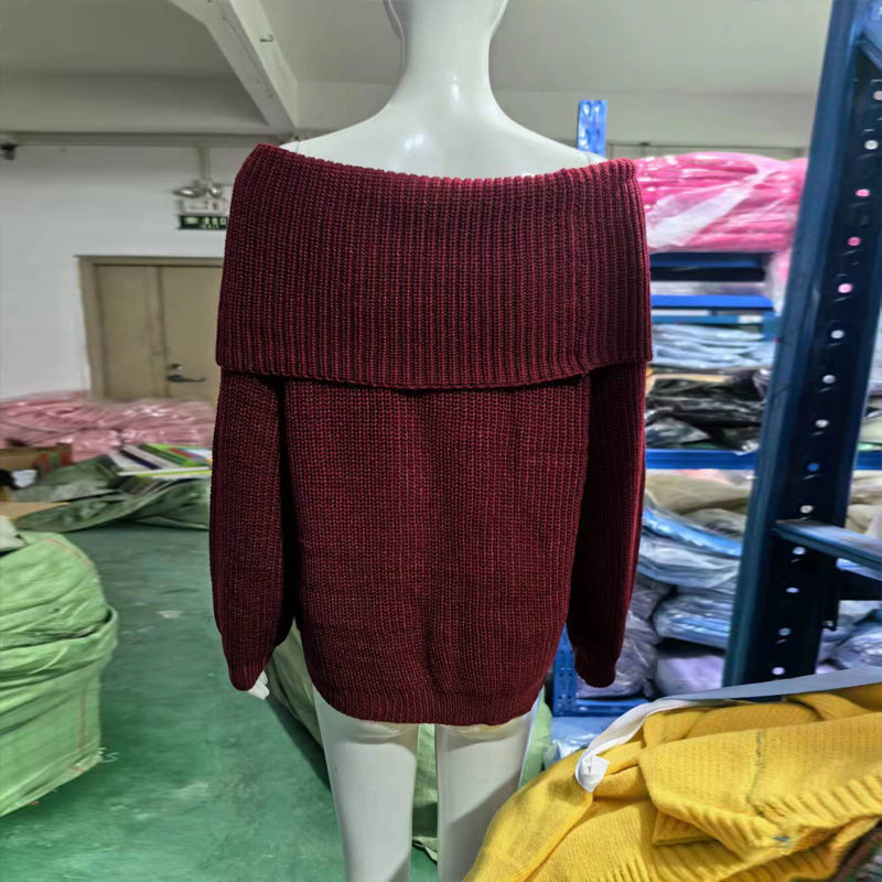 Women's Off-Shoulder Textured Knit Sweater - 2026 Winter Collection Long Sleeve Top