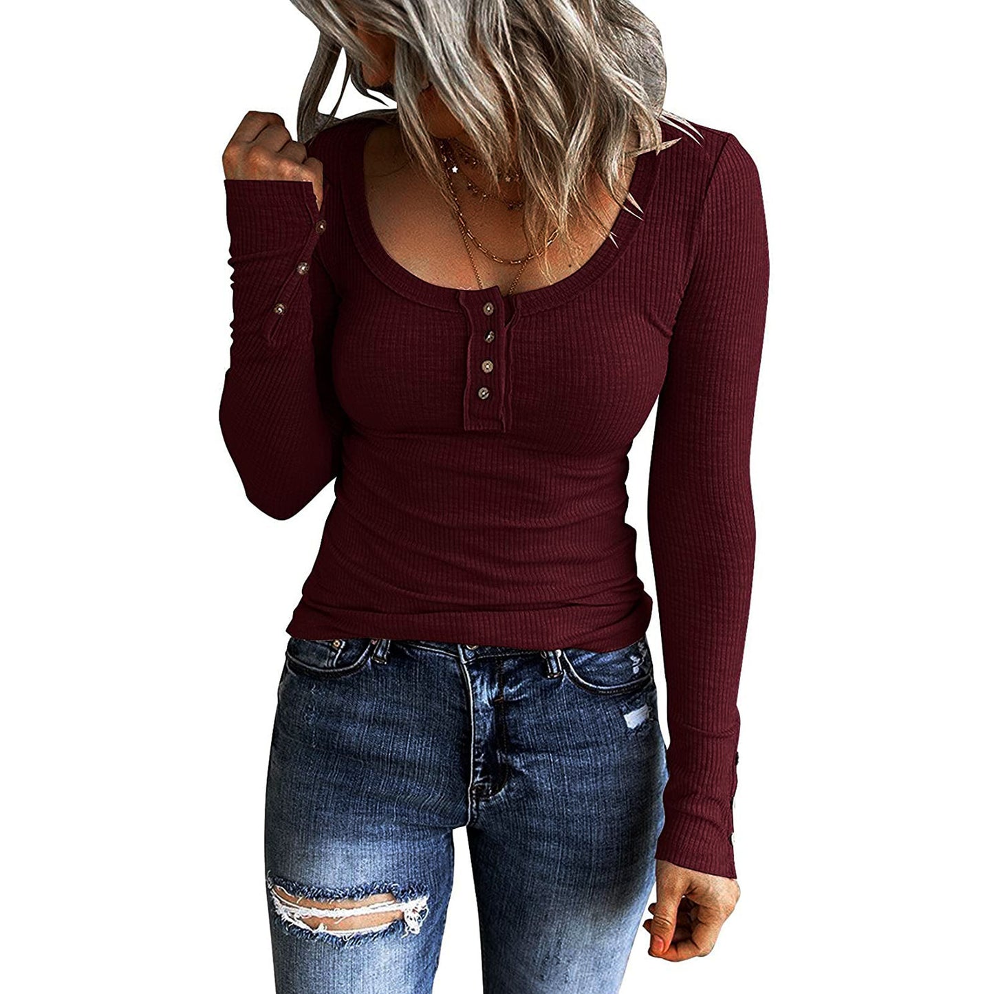Elegant Button Vest V-Neck Long Sleeve Top - Slim Fit Layering Piece