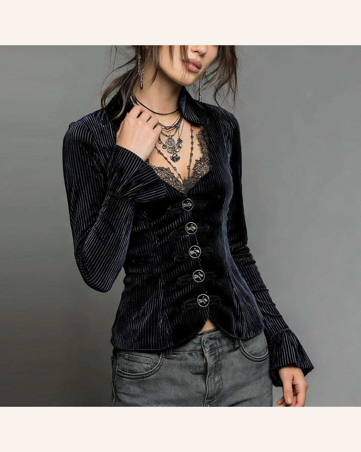 Velvet V-Neck Flare-Sleeve Top — additional view