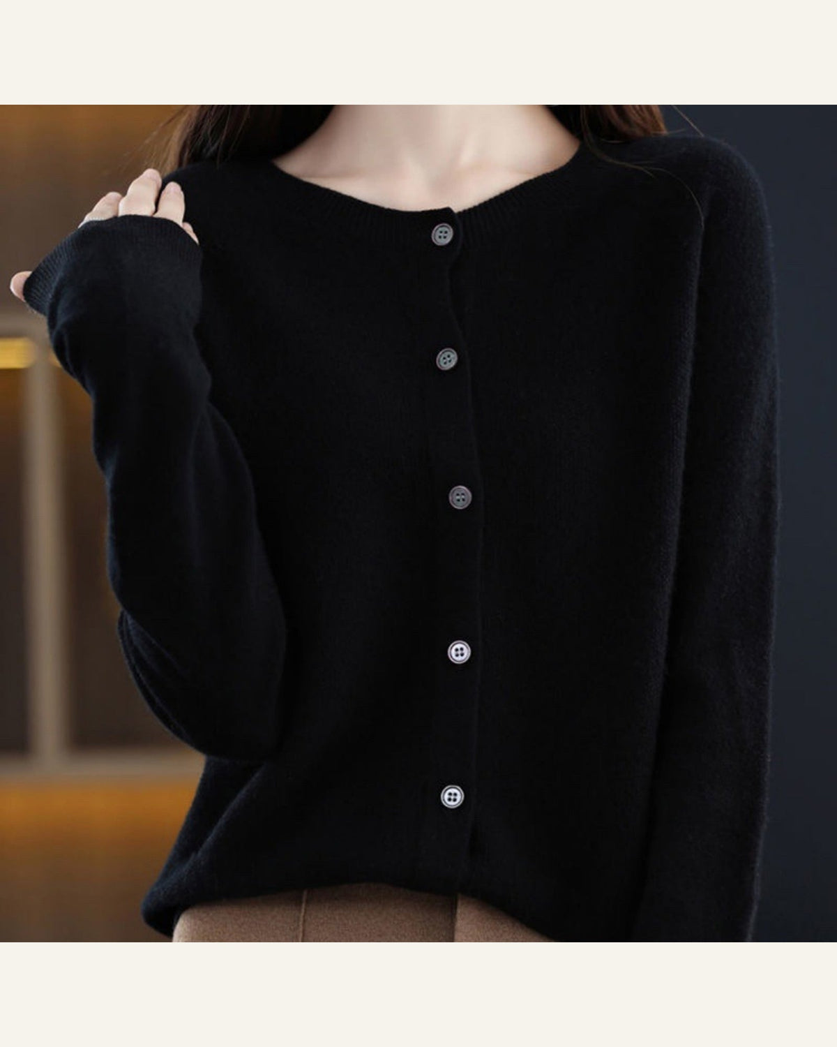 Classic Wool Crew-Neck Cardigan — Black