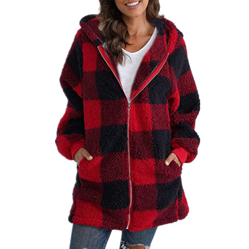 Women's Plaid Hooded Jacket, Long Sleeve