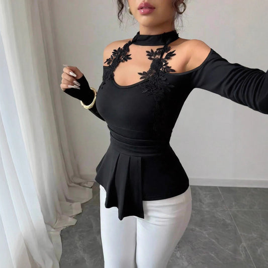 Elegant Hollow Out Off-Shoulder Knit Top - Pleated Curved Hem