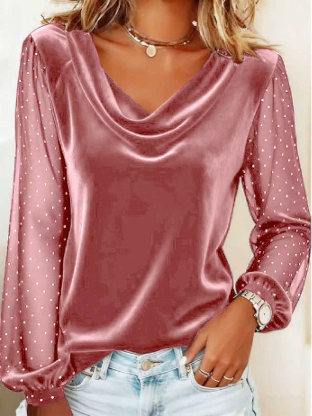 Elegant V-Neck Velvet T-Shirt - Diamond Mesh Sleeve Loose Tee