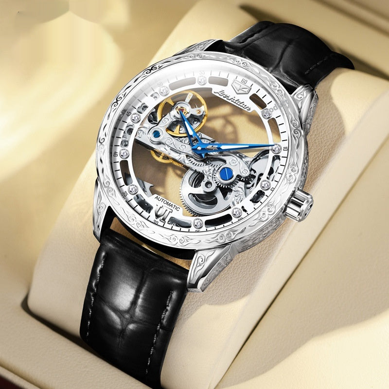 Openwork Mechanical Watch With Waterproof Leather Strap For Men