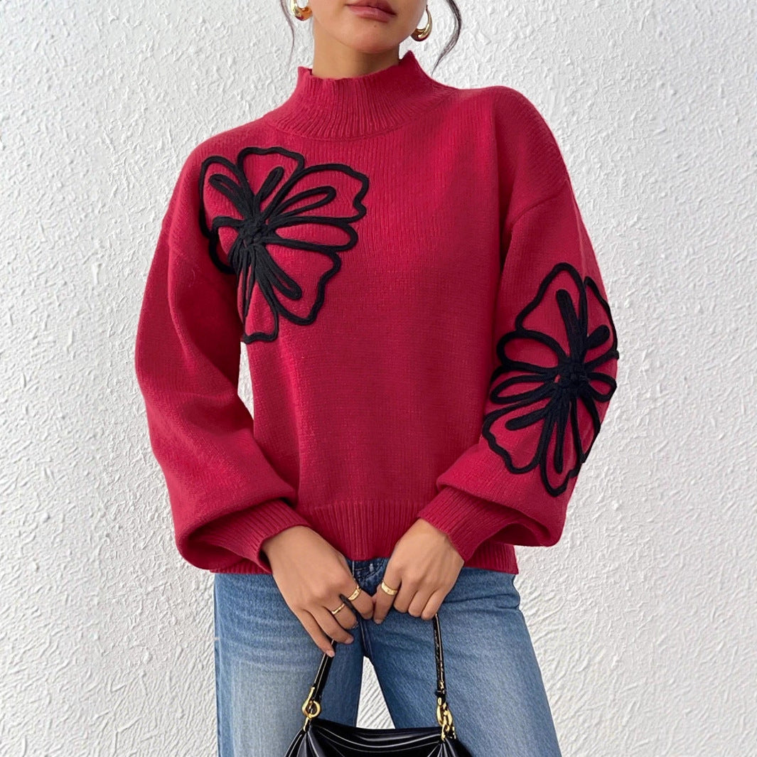 3D Ribbon Embroidery Flower Mock Neck