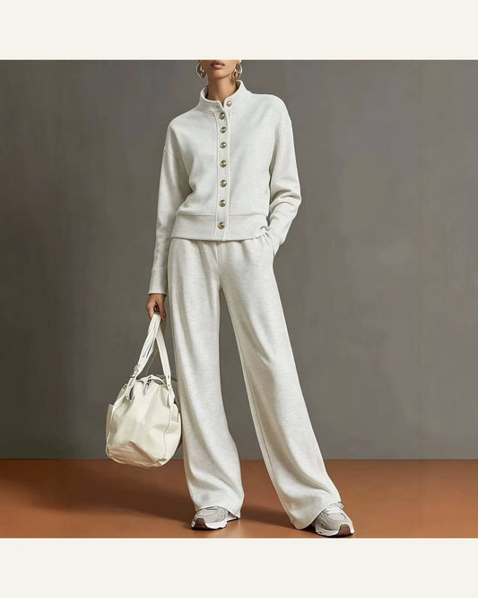 Stand-Collar Cardigan & Wide-Leg Pant Set — alternate view