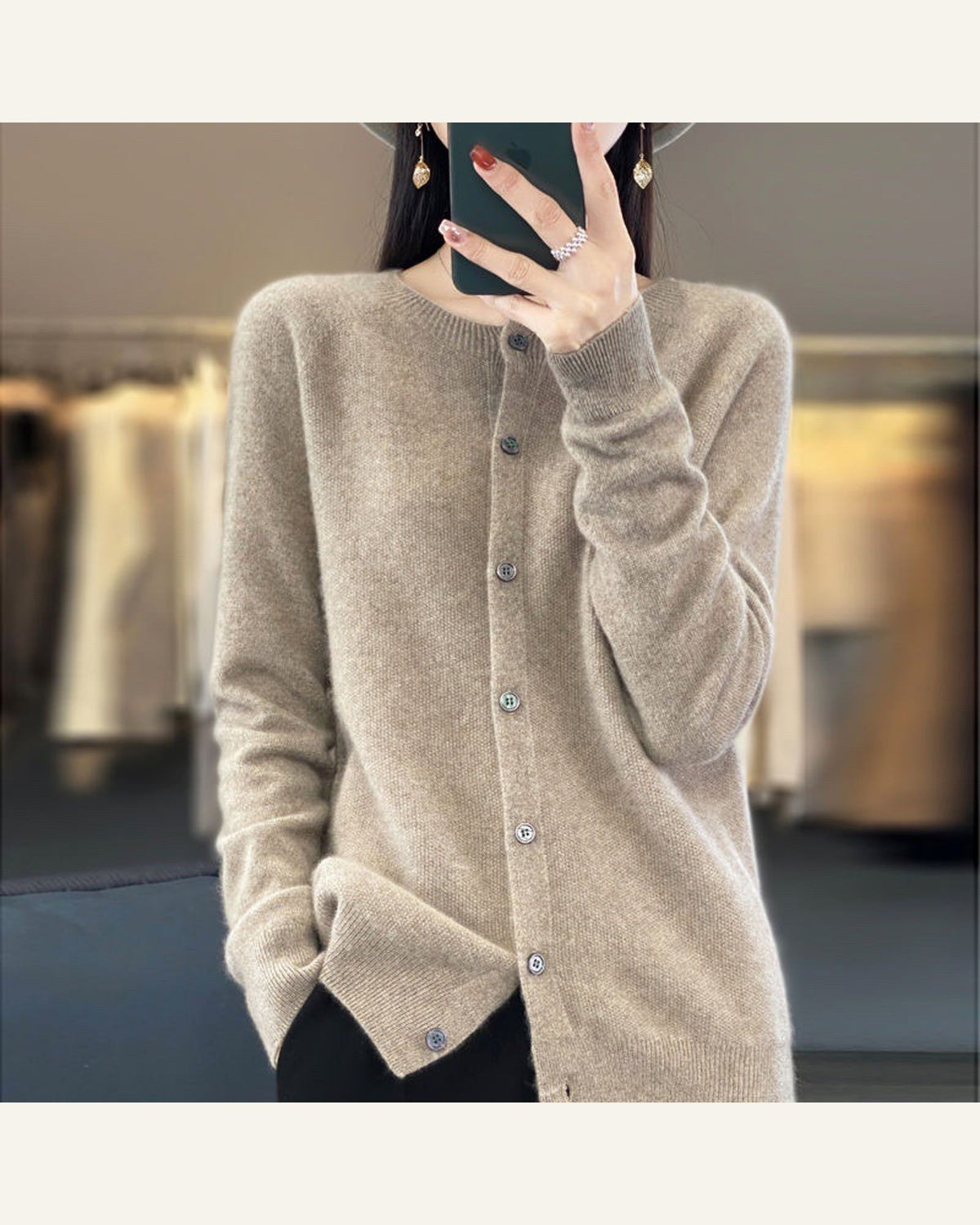 Classic Wool Crew-Neck Cardigan — Purple
