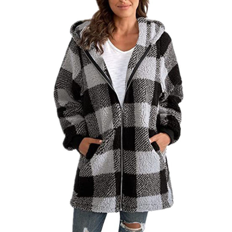 Women's Plaid Hooded Jacket, Long Sleeve