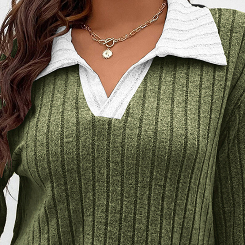 Women's Plus Size V-Neck Lapel Top - 2026 Winter Collection Long Sleeve Casual Blouse