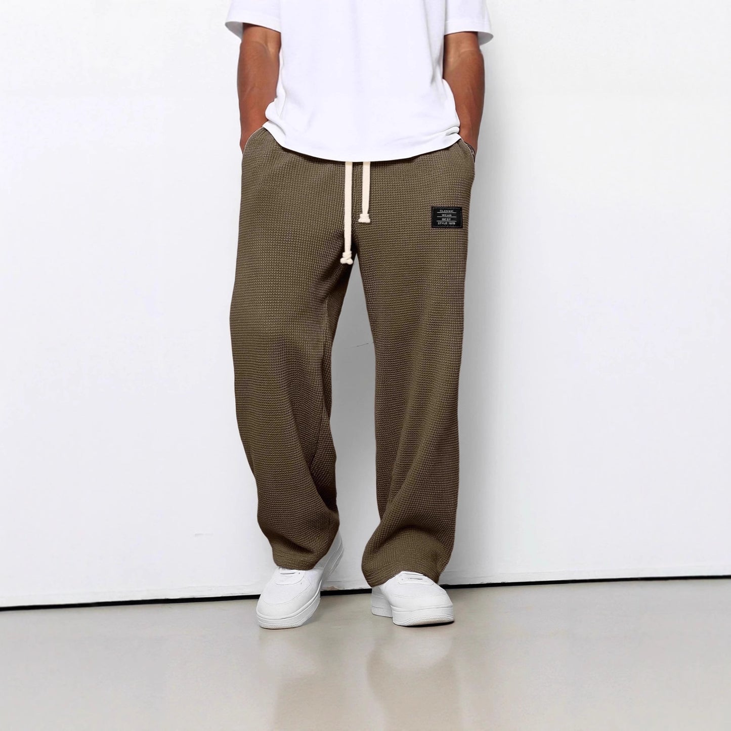Waffle Straight Pants Men's Loose Drawstring Casual Trousers