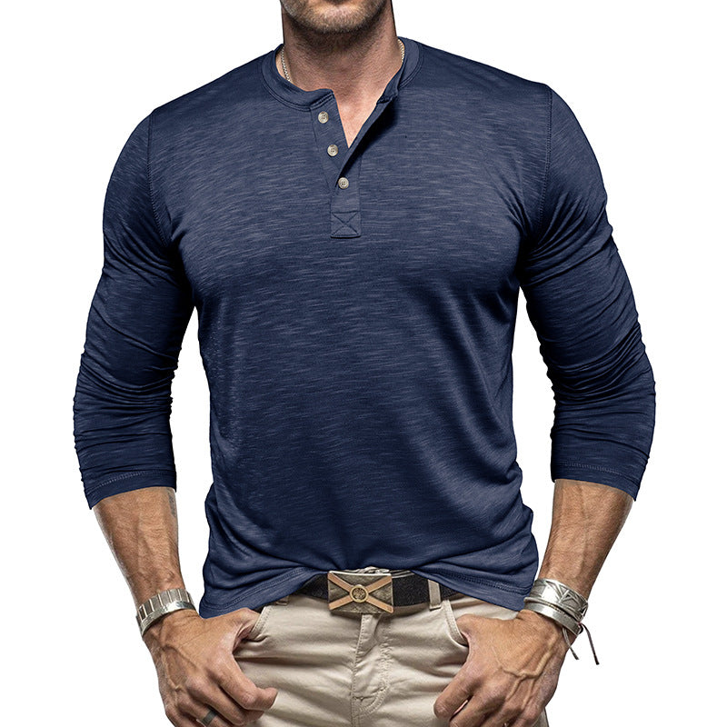 Men's Long Sleeve Henry Collar T-Shirt - Slub Cotton Pullover