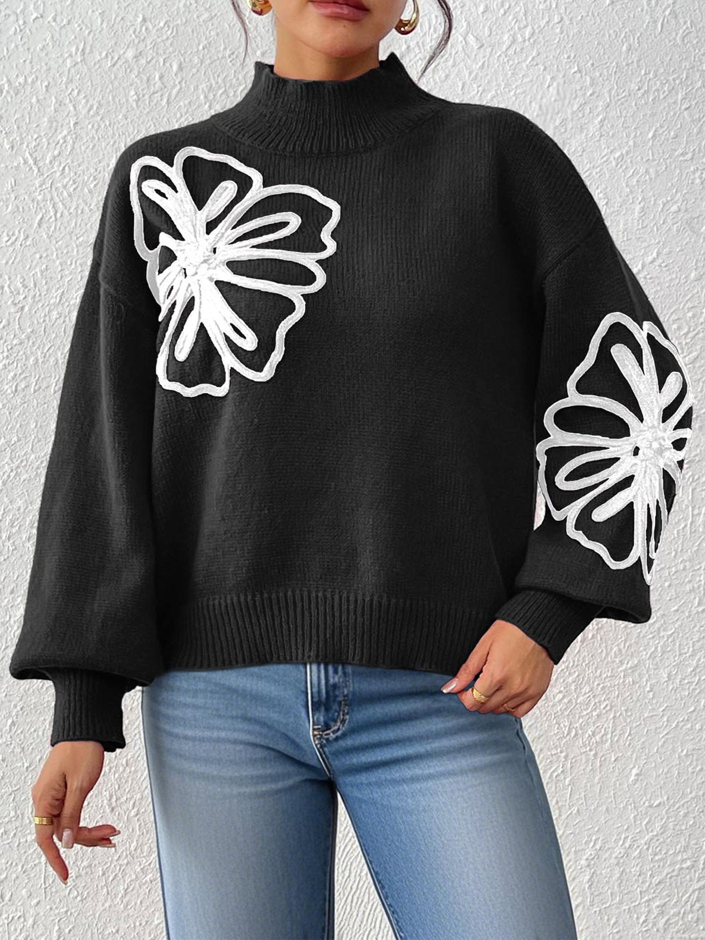 3D Ribbon Embroidery Flower Mock Neck – Minimal Elegance | The Simple Co – Practical cottage, minimalist style, quiet luxury aesthetic, modern essential – The Simple Co.