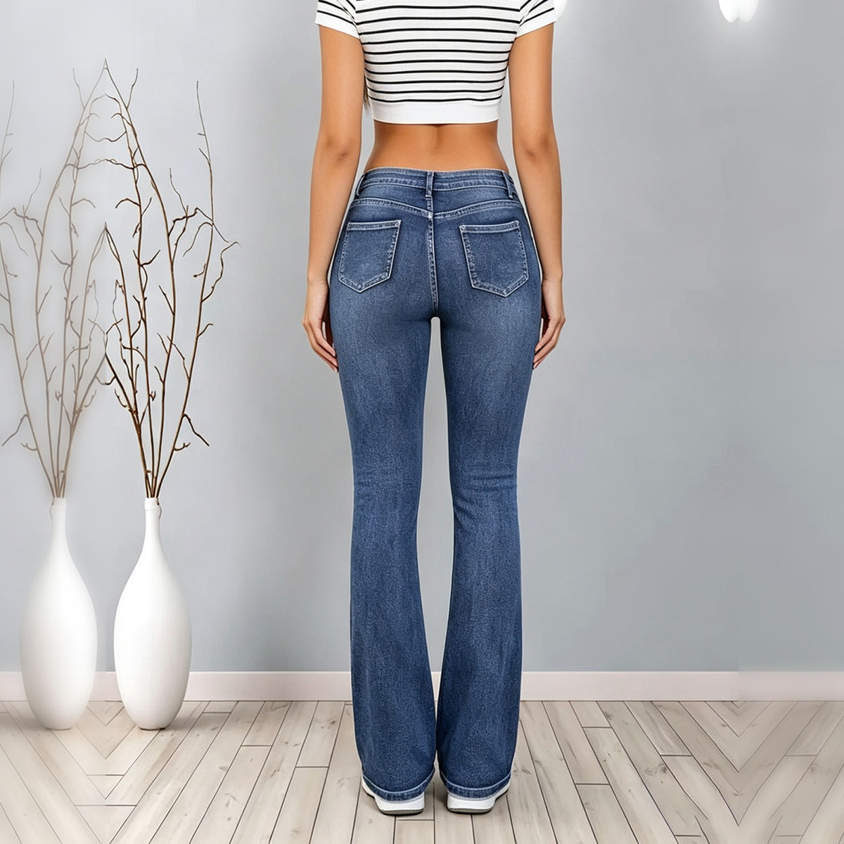 Dark-wash mid-rise flare jeans in faded blue denim, product view 4