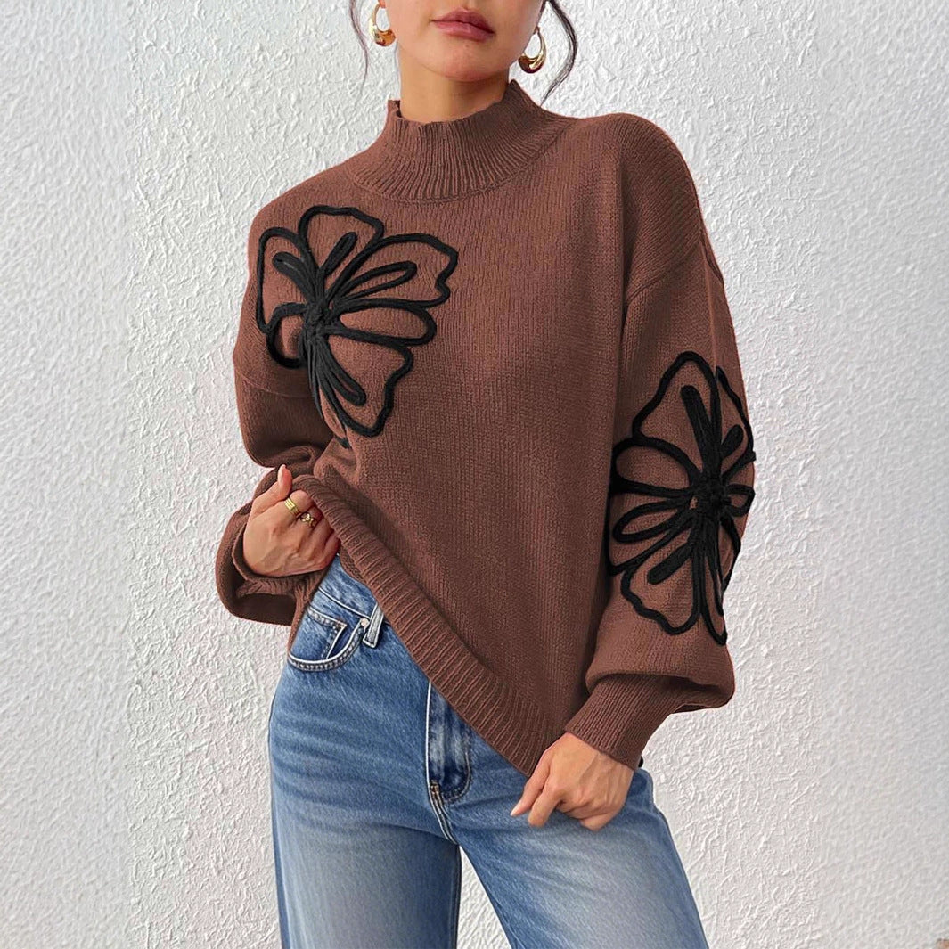 3D Ribbon Embroidery Flower Mock Neck