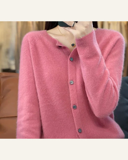 Classic Wool Crew-Neck Cardigan — Rose Pink