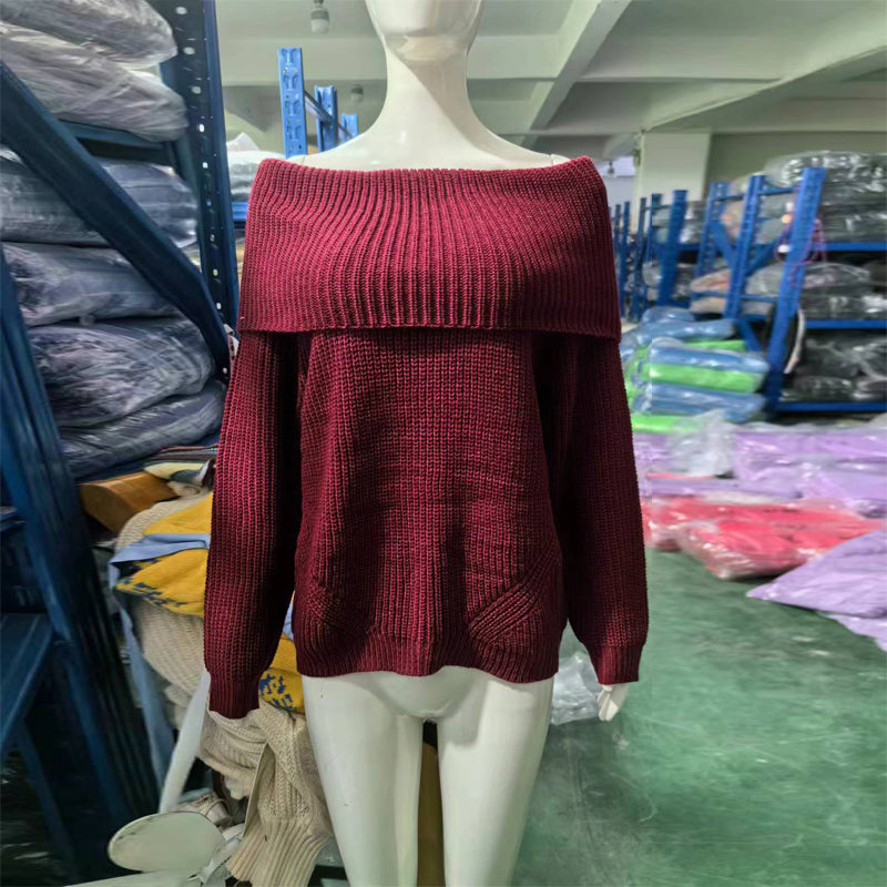 Women's Off-Shoulder Textured Knit Sweater - 2026 Winter Collection Long Sleeve Top
