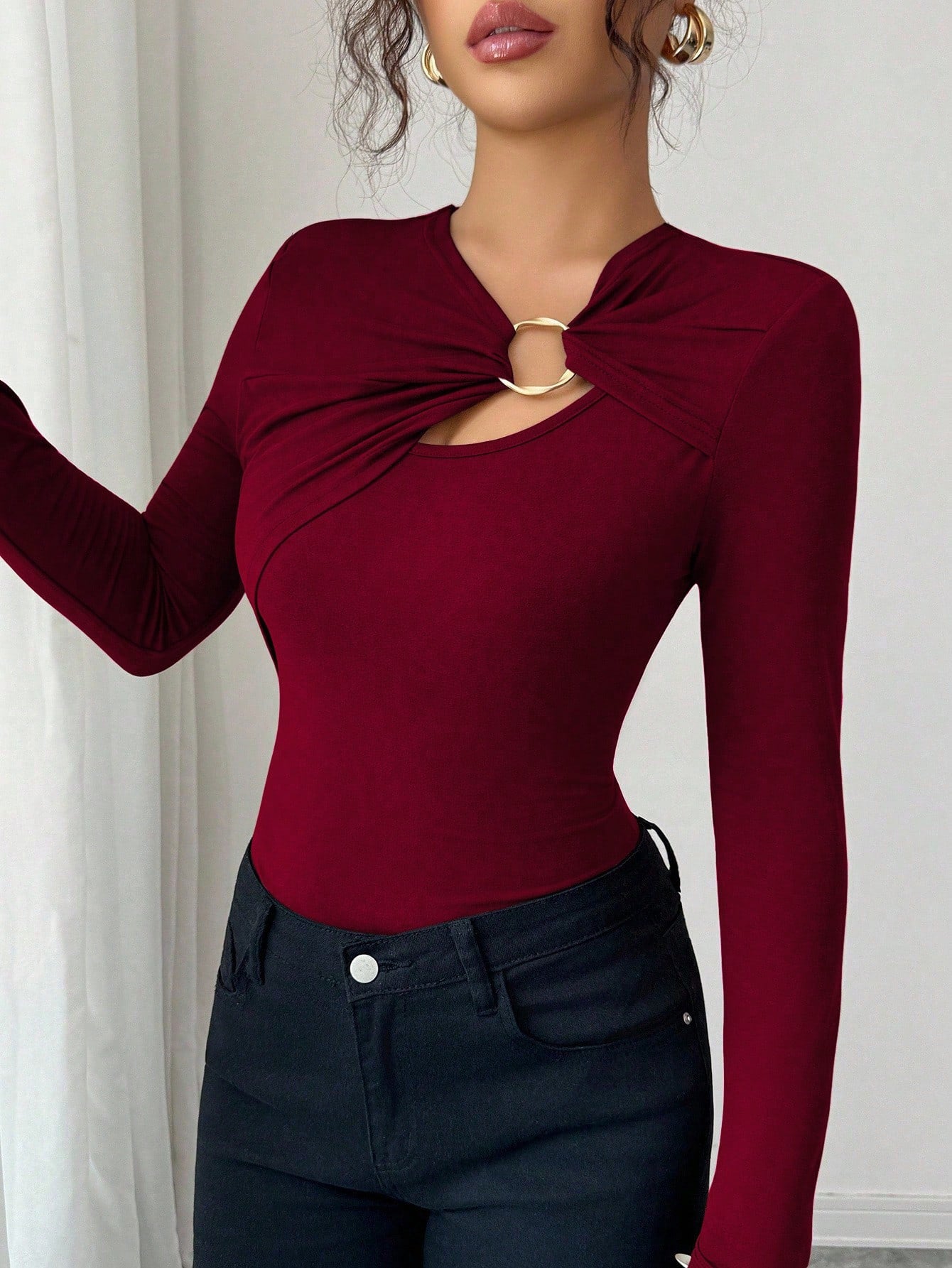 Asymmetric Hollow Metal Trim Slim Top - Elegant Long Sleeve Pullover