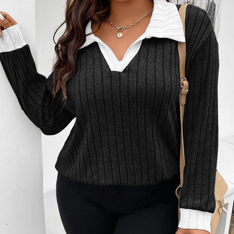 Women's Plus Size V-Neck Lapel Top - 2026 Winter Collection Long Sleeve Casual Blouse