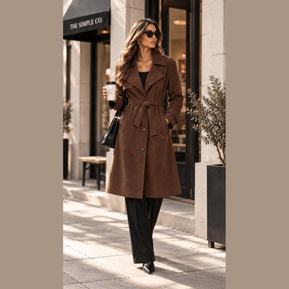 Suede-Effect Belted Trench Coat in dark brown, styled outdoors