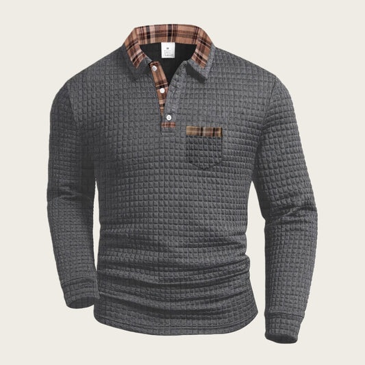 Men's Casual Patchwork Pocket Long Sleeve Polo Shirt - Grid Pattern
