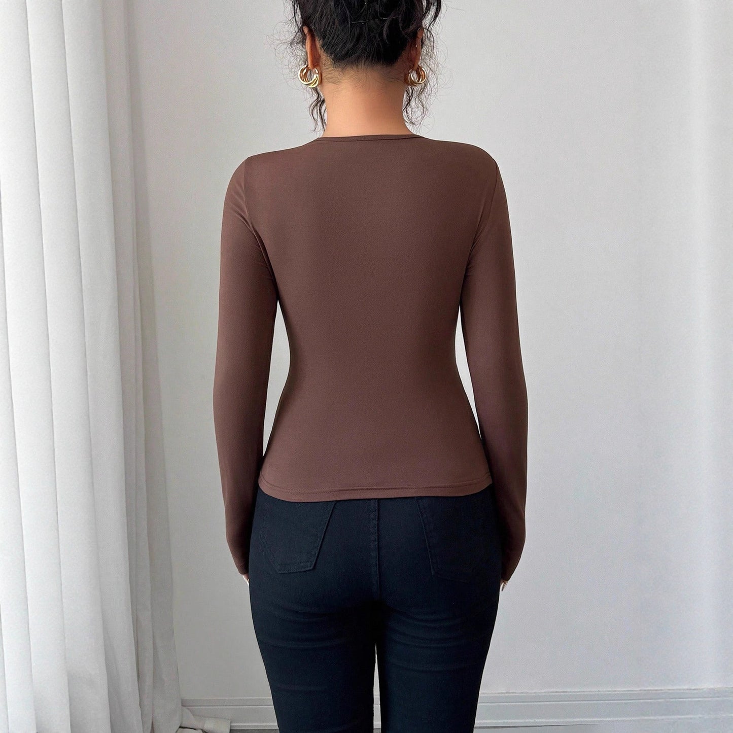Asymmetric Hollow Metal Trim Slim Top - Elegant Long Sleeve Pullover