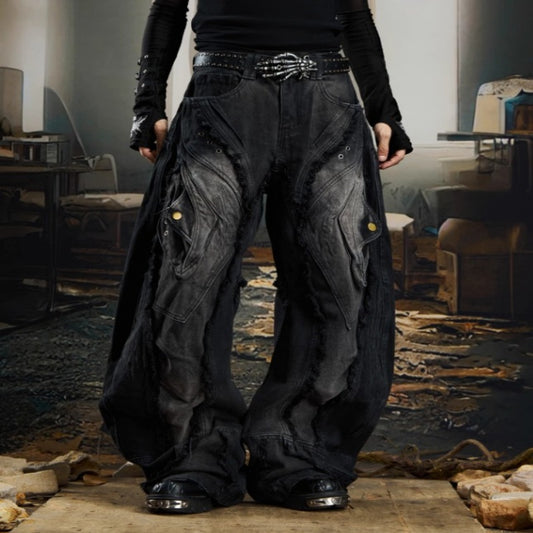 Heavy-Duty Raw-Edged Distressed Post-Apocalyptic Loose-Fit Jeans