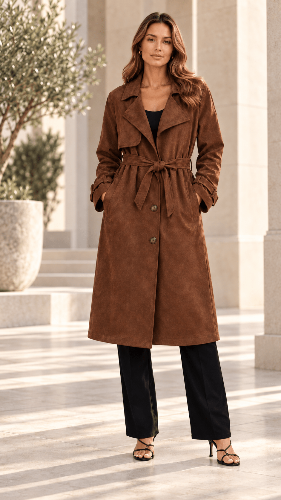 Suede-Effect Belted Trench Coat