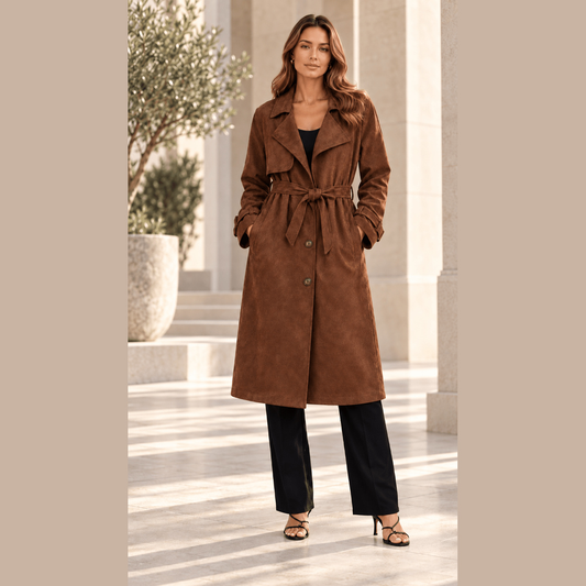 Suede-Effect Belted Trench Coat in brown, front view on a model