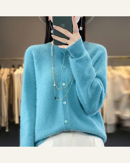 Classic Wool Crew-Neck Cardigan — Lake Blue