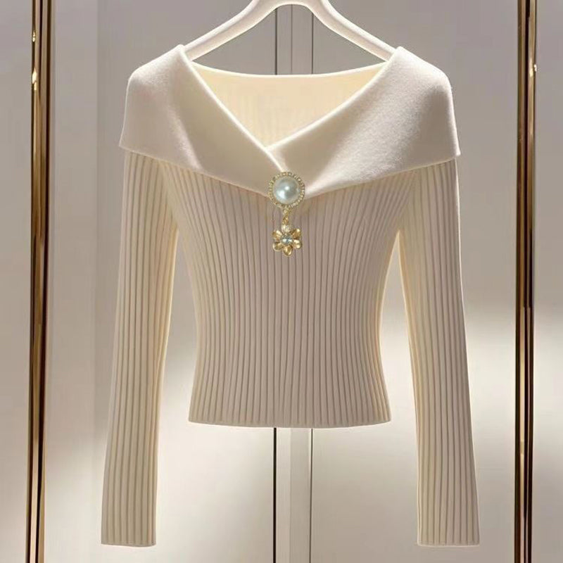 French Style V-Neck Knit Blouse - Embellished Long Sleeve Top