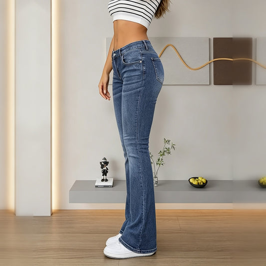 Dark-wash mid-rise flare jeans in faded blue denim, product view 5