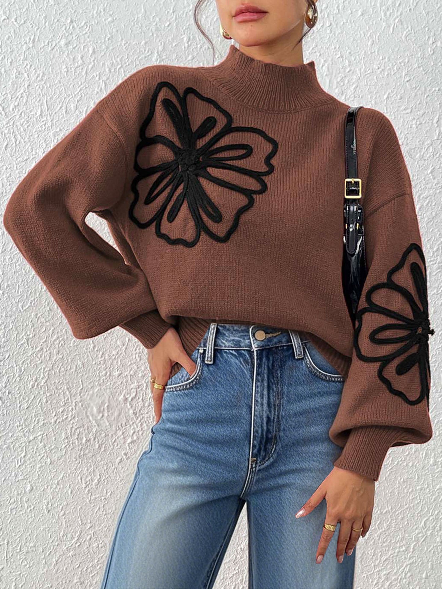 3D Ribbon Embroidery Flower Mock Neck