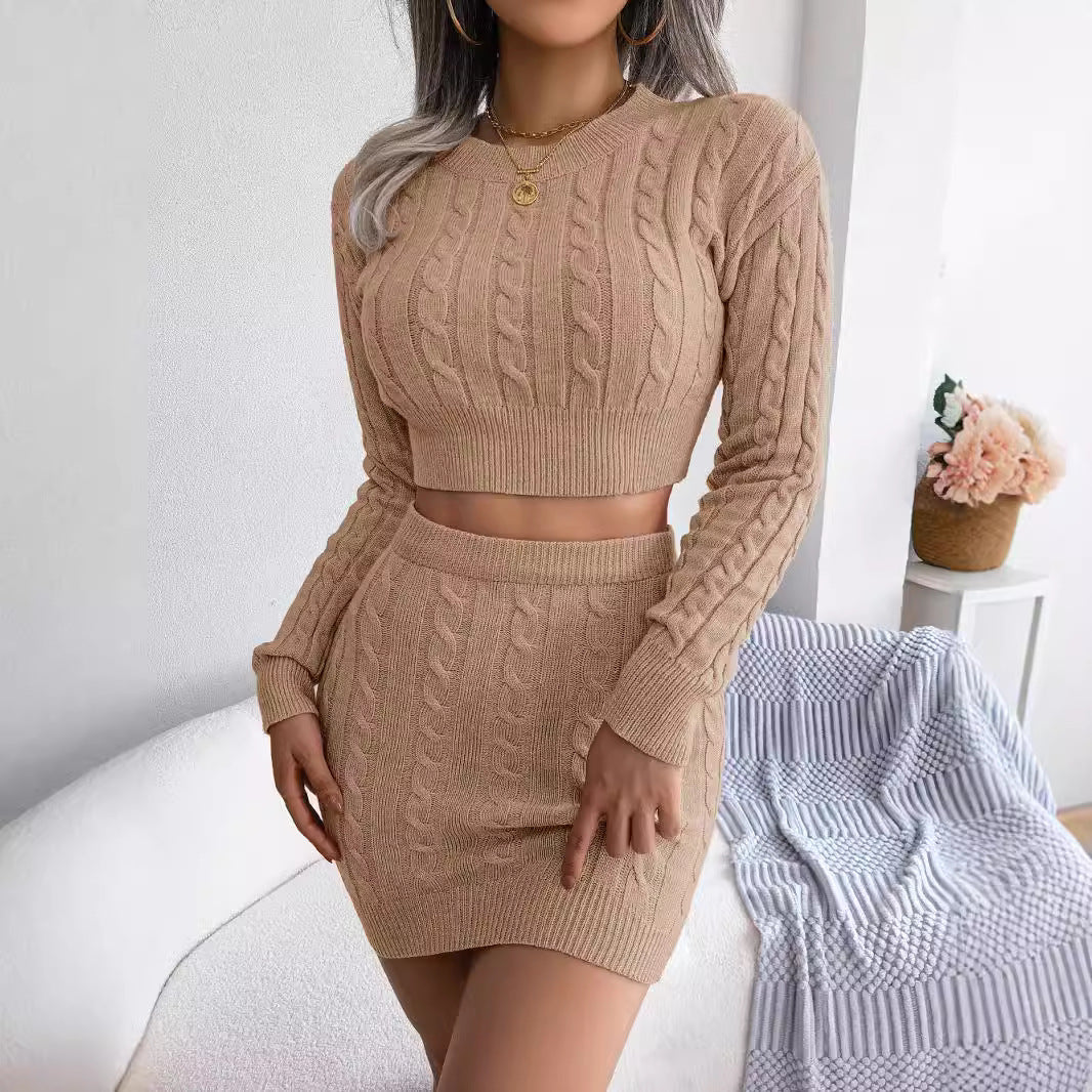 Women's Twisted Knit Crop Sweater & Bodycon Skirt Set - 2026 Winter Collection