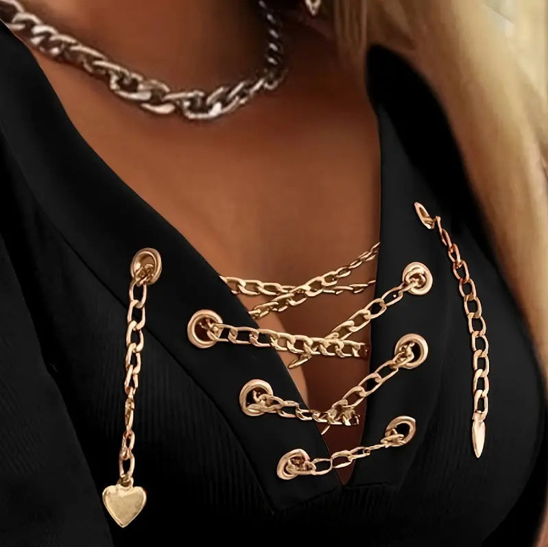 Elegant V-Neck Chain Detail T-Shirt - Long Sleeve Casual Top