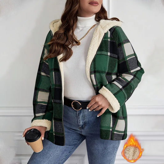 Fleece-Lined Plaid Hooded Coat - Vintage Style Thickened Jacket