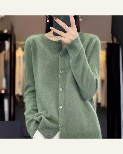 Classic Wool Crew-Neck Cardigan — Pine Green alternate