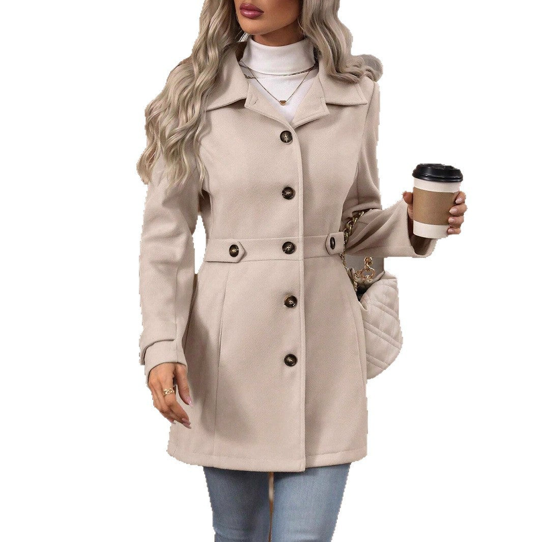 Elegant Single-breasted Woolen Coat Buttons Lapel