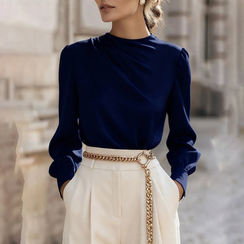 Women's Pleated Long Sleeve Blouse, Round