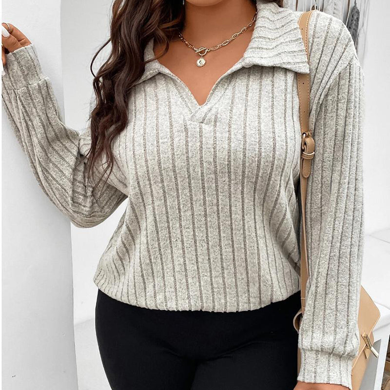 Women's Plus Size V-Neck Lapel Top - 2026 Winter Collection Long Sleeve Casual Blouse