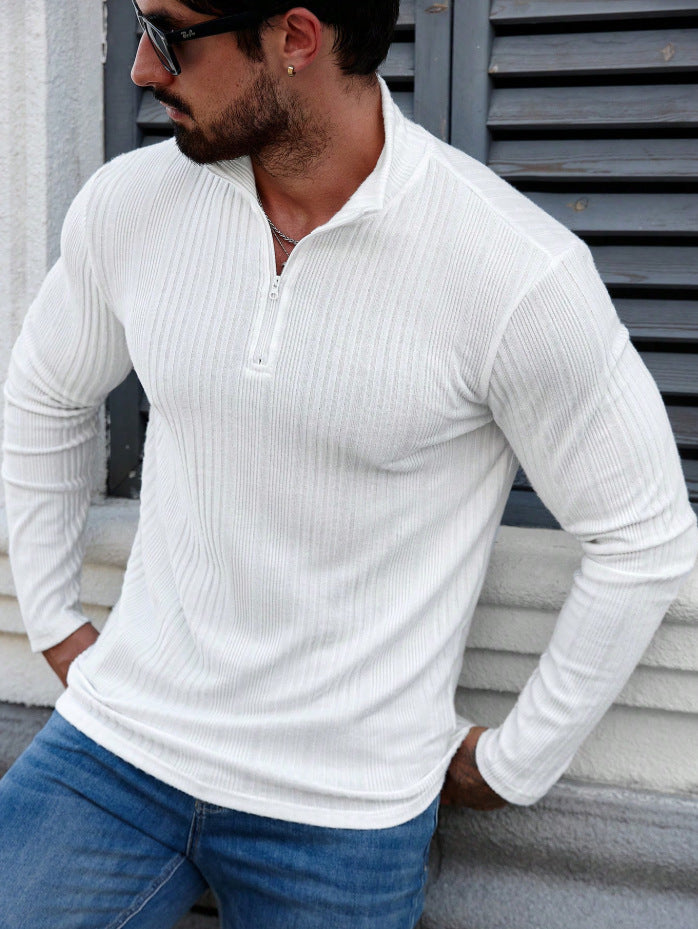 Men's Casual Stand-Up Collar Slim-Fit Ribbed Hoodie
