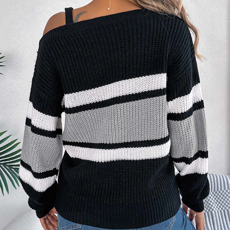 Women's Cold Shoulder Color Block Sweater - 2026 Winter Collection Long Sleeve Pullover