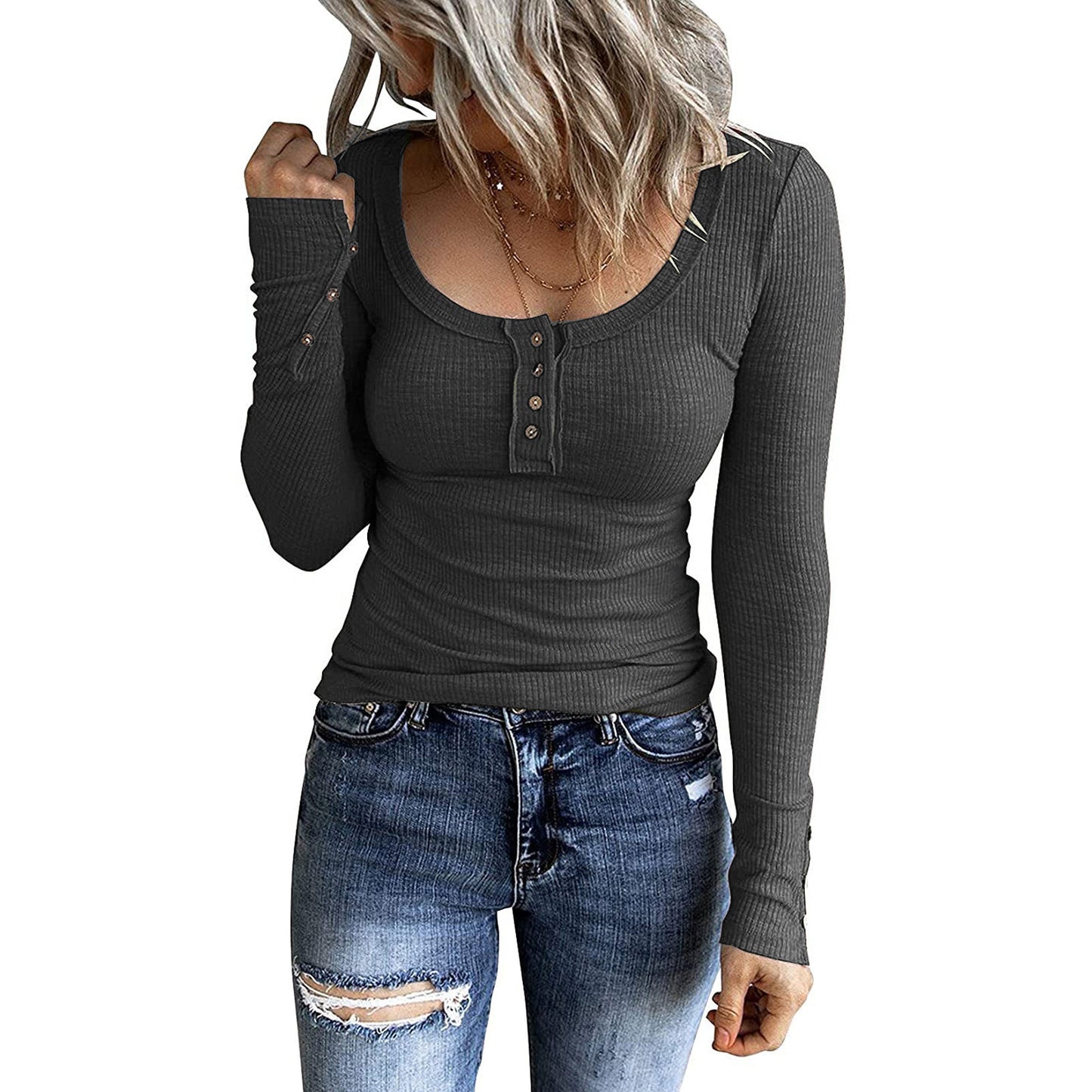 Elegant Button Vest V-Neck Long Sleeve Top - Slim Fit Layering Piece