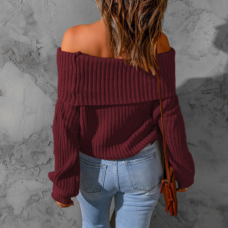 Women's Off-Shoulder Textured Knit Sweater - 2026 Winter Collection Long Sleeve Top