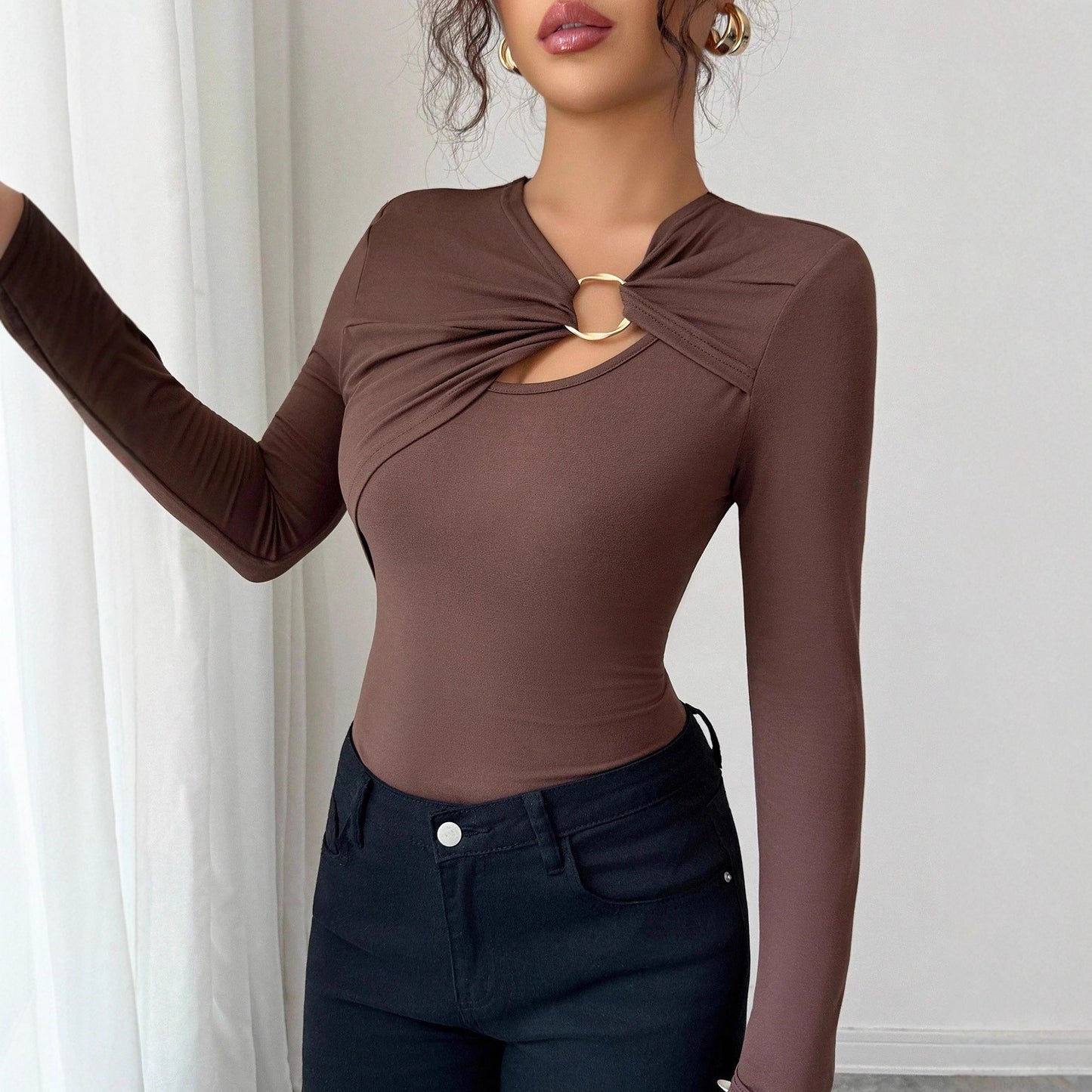 Asymmetric Hollow Metal Trim Slim Top - Elegant Long Sleeve Pullover