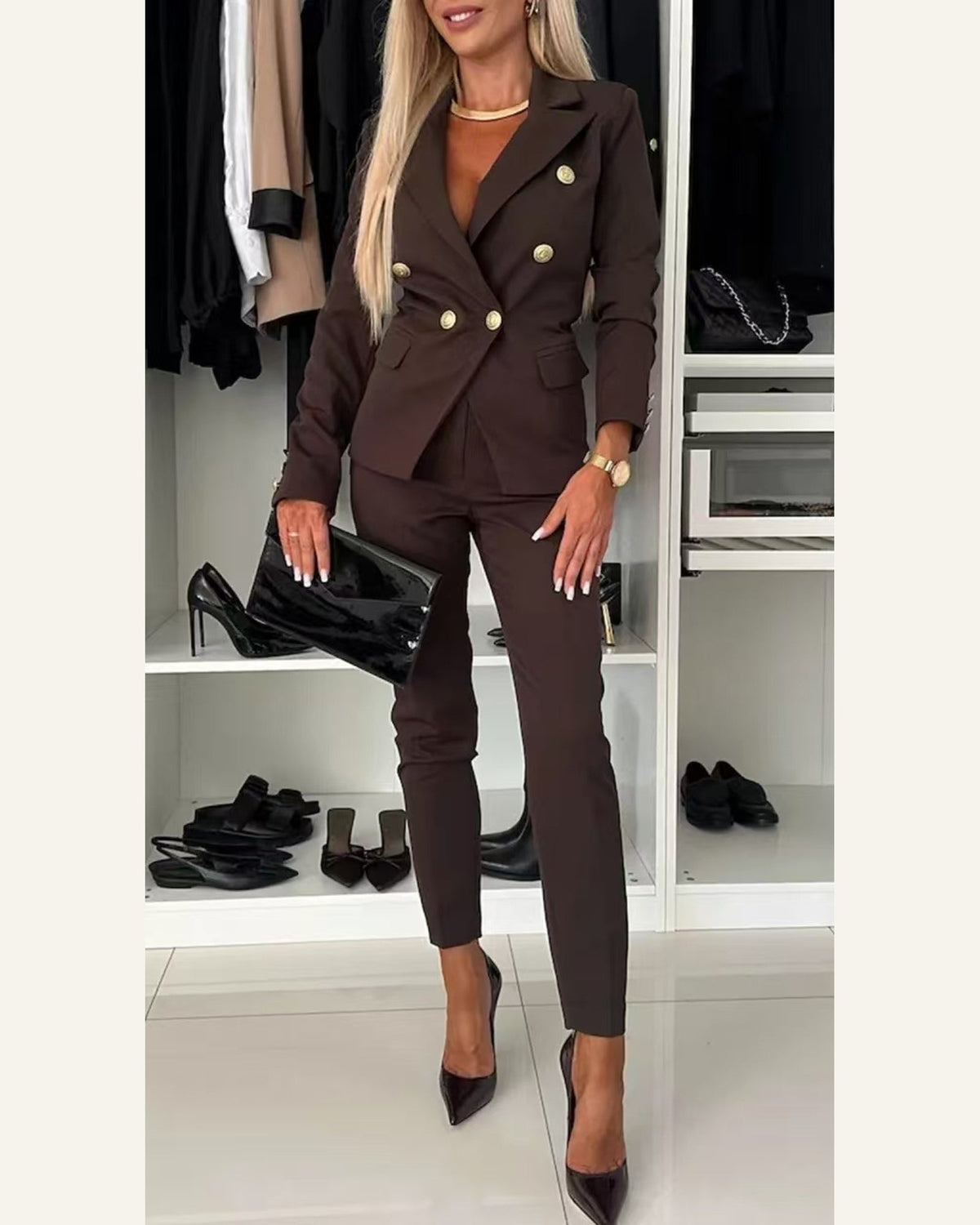 Tailored Two-Piece Blazer & Trouser Set — Brown