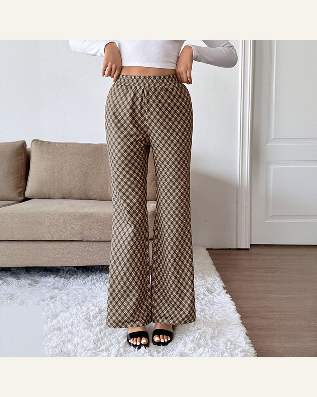 Brown Plaid Stretch Trousers — brown variant view