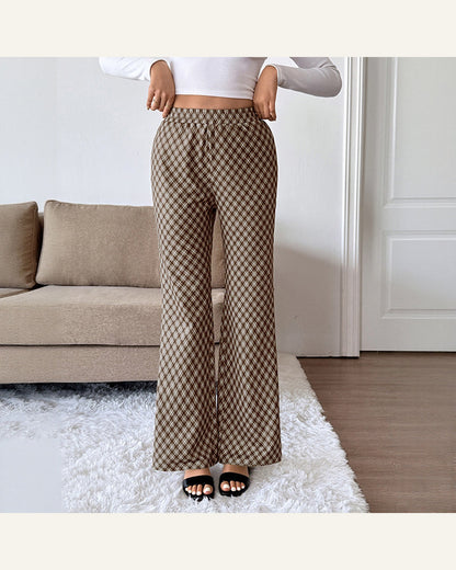 Brown Plaid Stretch Trousers — brown variant view