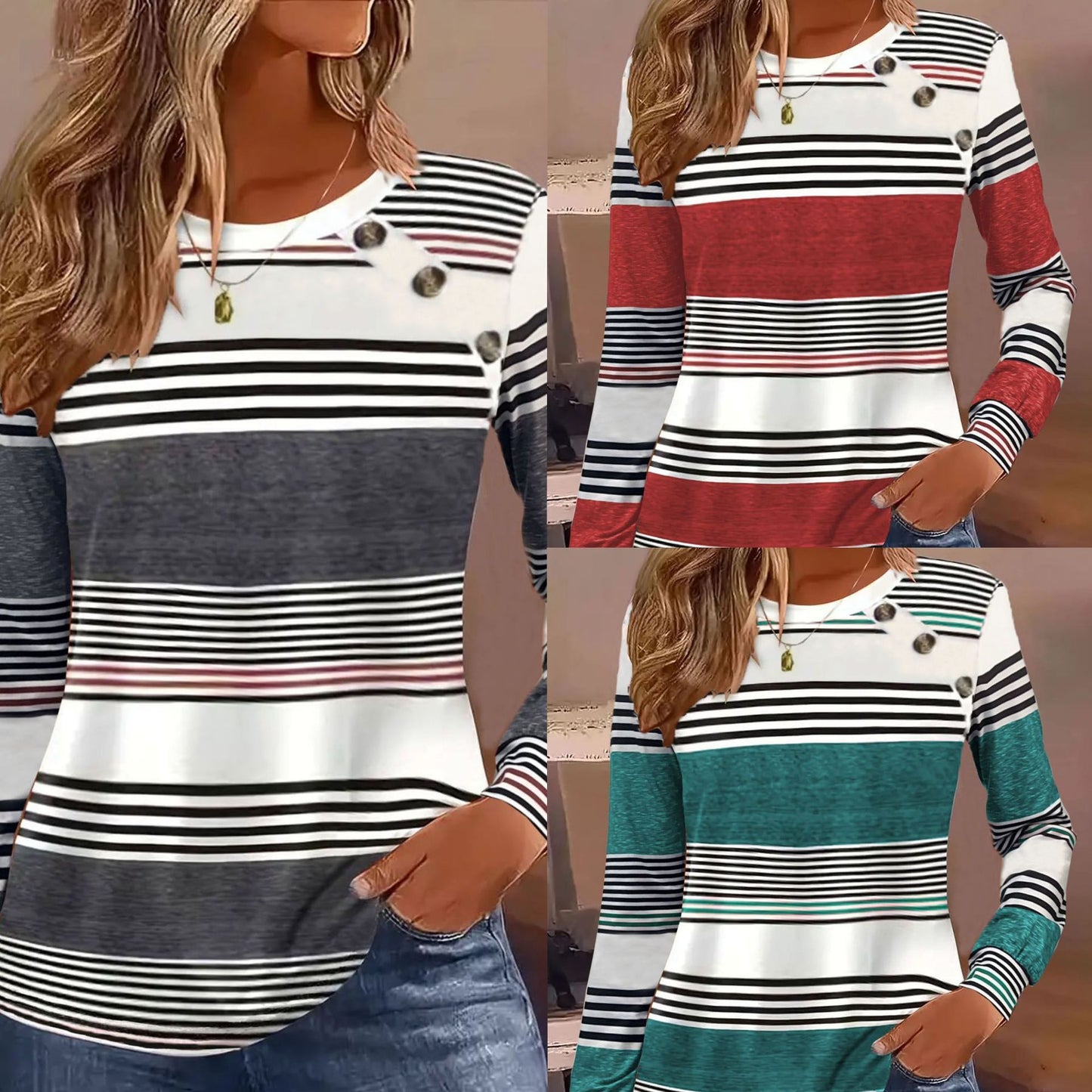 Casual Button Striped Long Sleeve T-Shirt