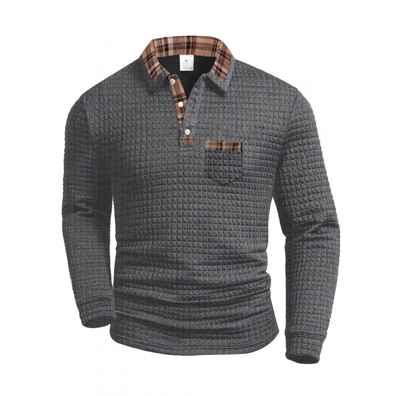 Men's Casual Patchwork Pocket Long Sleeve Polo Shirt - Grid Pattern