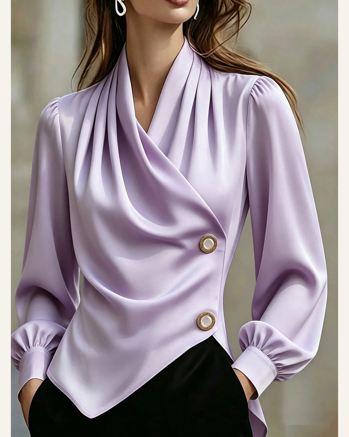 Asymmetric Pearl-Button Long-Sleeve Blouse — close-up view